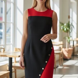 Sleeveless  Black and Red Sheath Dress with Button-Trim